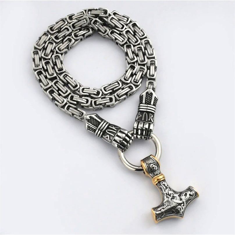 🔨 Viking Thor Hammer Pendant Necklace – Stainless steel with Byzantine chain