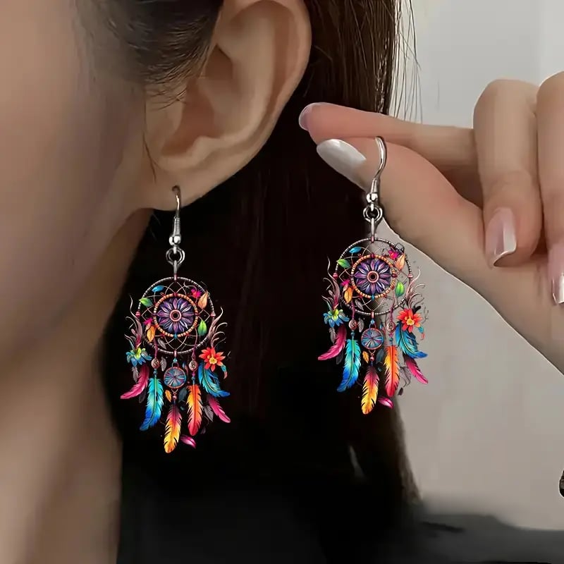 🌙 Boho Dreamcatcher Feather Earrings 💕