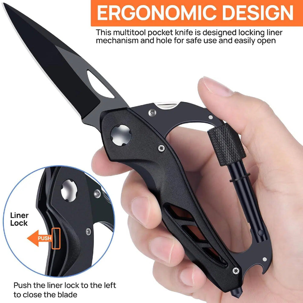 All-in-One Carabiner Multi Tool – Compact EDC Keychain with Knife & Screwdriver