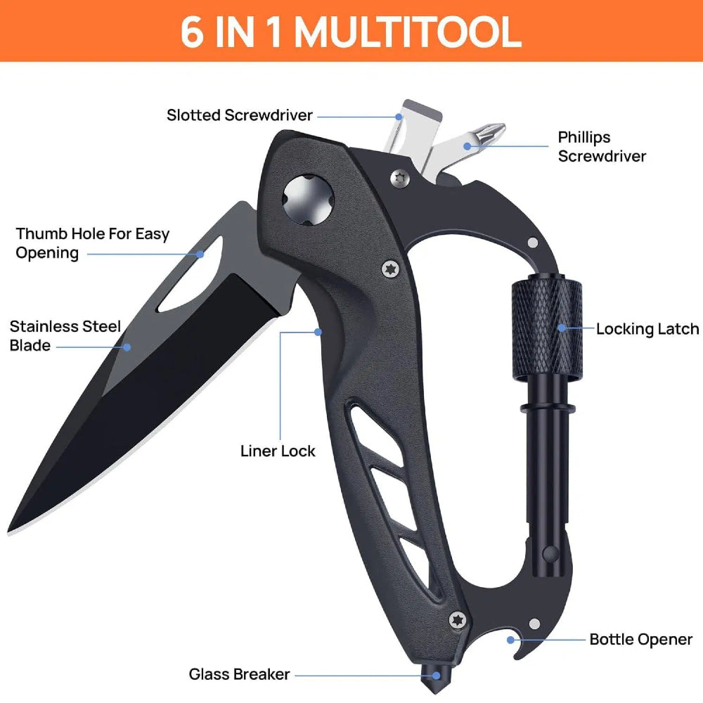All-in-One Carabiner Multi Tool – Compact EDC Keychain with Knife & Screwdriver