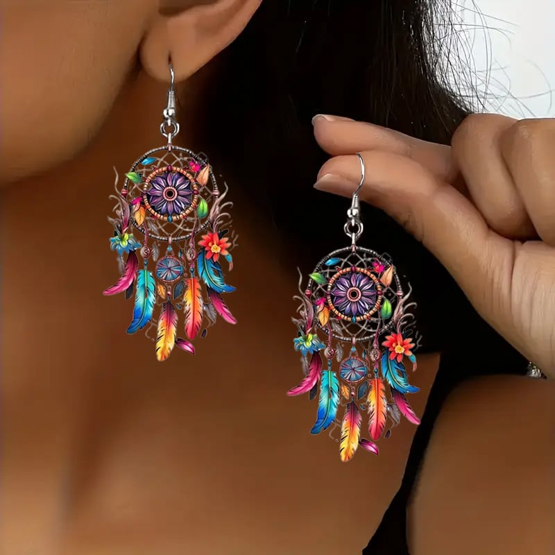 🌙 Boho Dreamcatcher Feather Earrings 💕