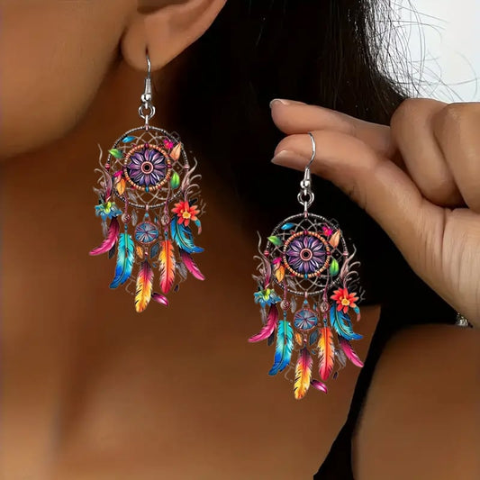 🌙 Boho Dreamcatcher Feather Earrings 💕