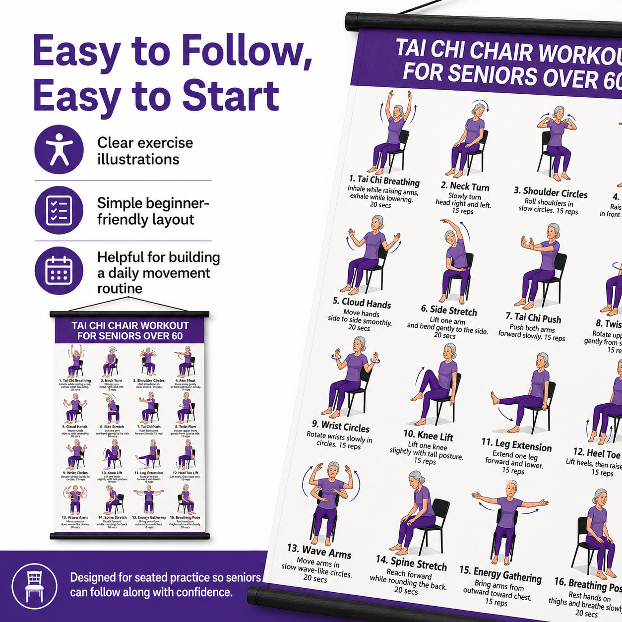 🔥Tai Chi Chair Workout Chart for Seniors (16 x 24 inches)
