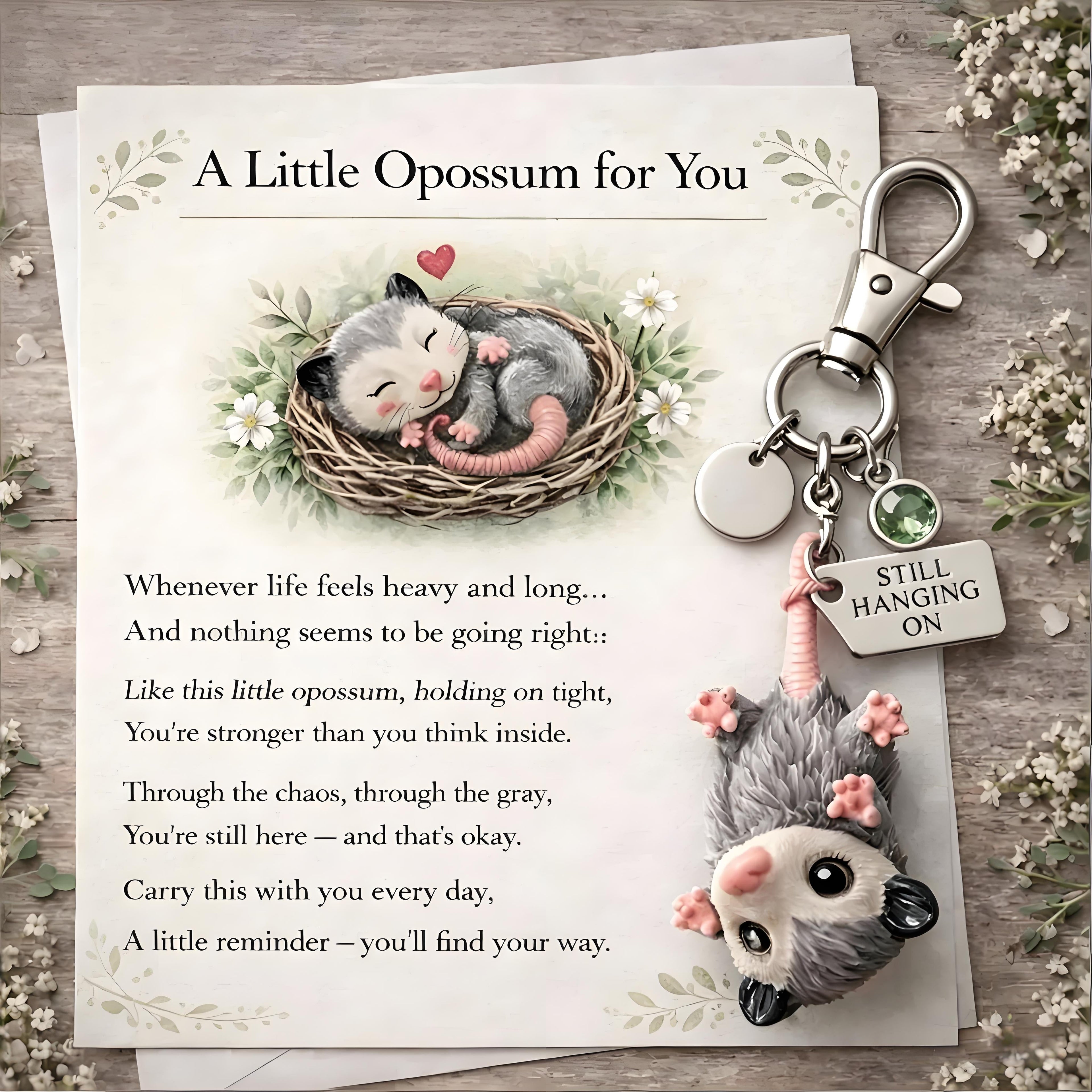 A Little Opossum for You - "Still Hanging On" Keychain & Sentiment Card Set