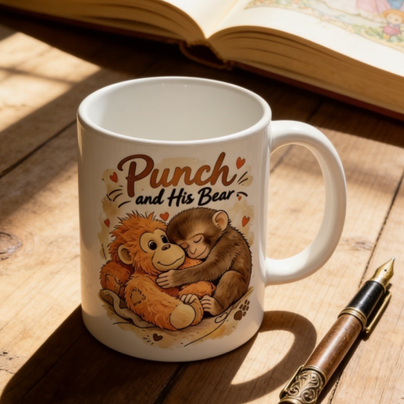 "Punch and His Bear" Cute Monkey Ceramic Mug