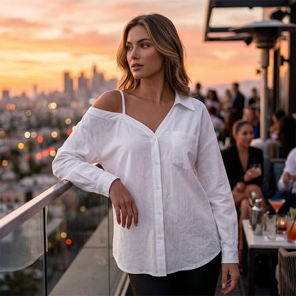 🔥 Off-Shoulder Button-Up Top – Crinkle texture & relaxed fit