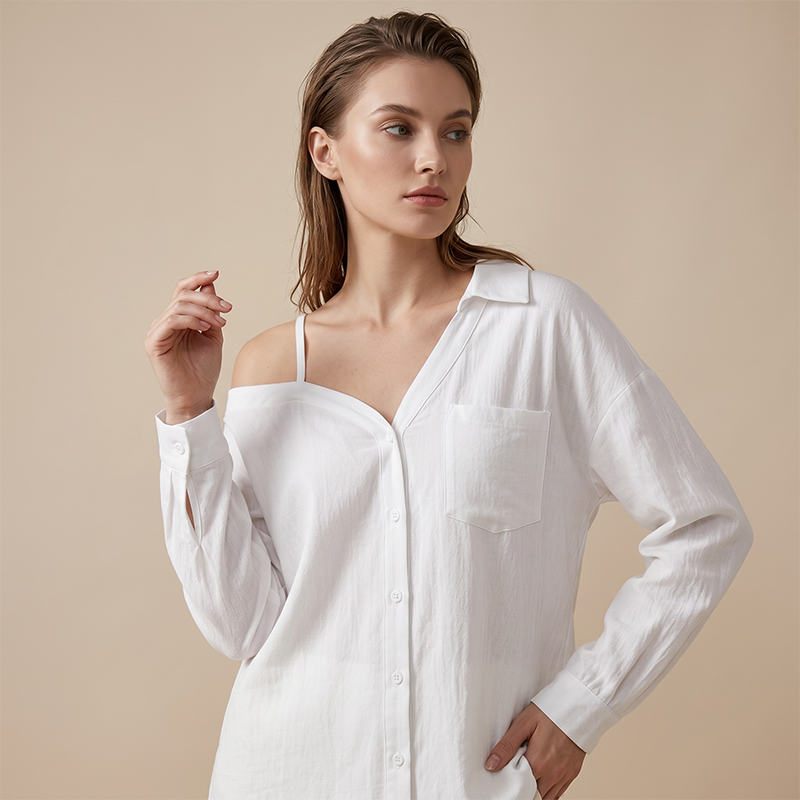 🔥 Off-Shoulder Button-Up Top – Crinkle texture & relaxed fit