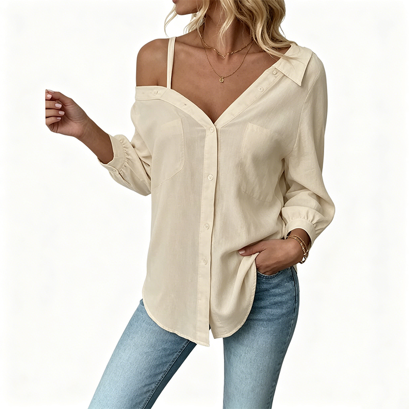 🔥 Off-Shoulder Button-Up Top – Crinkle texture & relaxed fit
