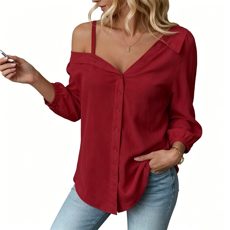 🔥 Off-Shoulder Button-Up Top – Crinkle texture & relaxed fit