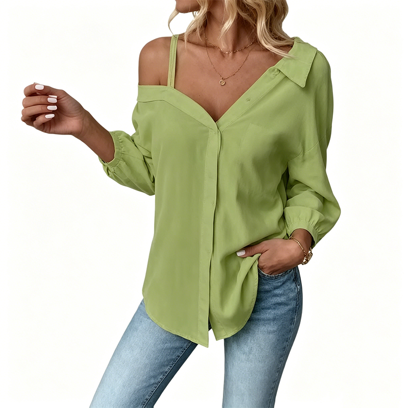 🔥 Off-Shoulder Button-Up Top – Crinkle texture & relaxed fit