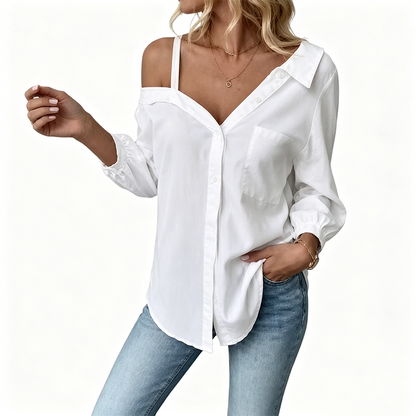 🔥 Off-Shoulder Button-Up Top – Crinkle texture & relaxed fit