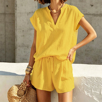🌸 Women's Casual V-Neck Top & Shorts Set – Soft, breathable & relaxed fit