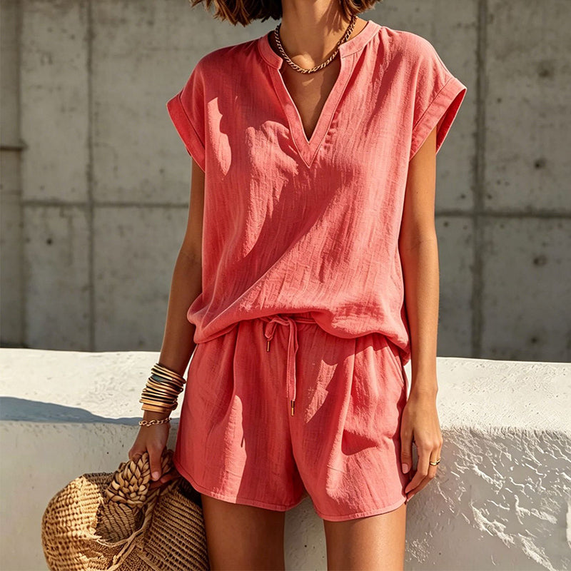 🌸 Women's Casual V-Neck Top & Shorts Set – Soft, breathable & relaxed fit