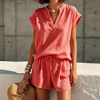 🌸 Women's Casual V-Neck Top & Shorts Set – Soft, breathable & relaxed fit