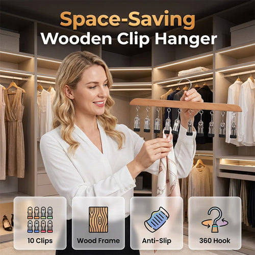 👚 Multi-Clip Wooden Hanger for Closet Organization💕