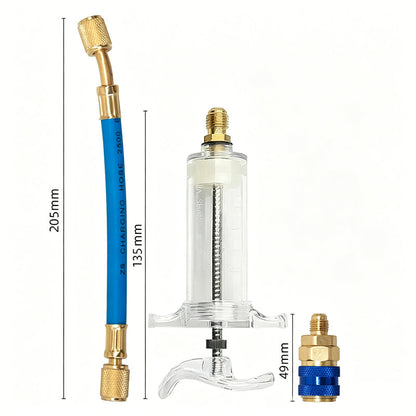 🔧  Precision AC Oil Dye Injector – Brass Construction, High Pressure Hose, Clear Barrel ✨