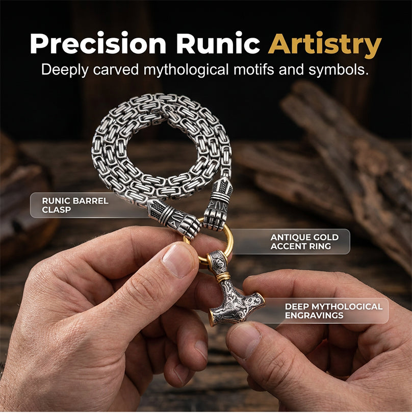 🔨 Viking Thor Hammer Pendant Necklace – Stainless steel with Byzantine chain