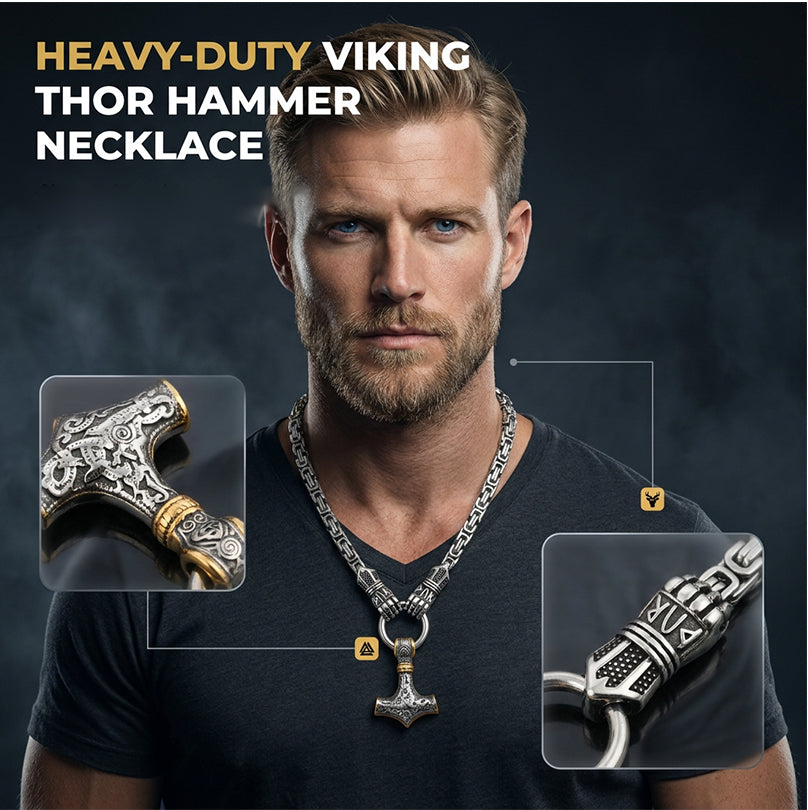 🔨 Viking Thor Hammer Pendant Necklace – Stainless steel with Byzantine chain