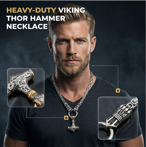 🔨 Viking Thor Hammer Pendant Necklace – Stainless steel with Byzantine chain