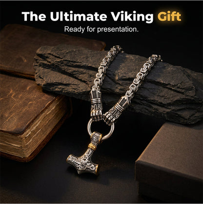 🔨 Viking Thor Hammer Pendant Necklace – Stainless steel with Byzantine chain