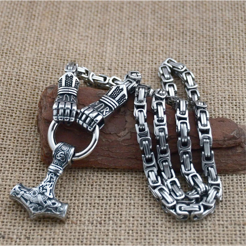 🔨 Viking Thor Hammer Pendant Necklace – Stainless steel with Byzantine chain